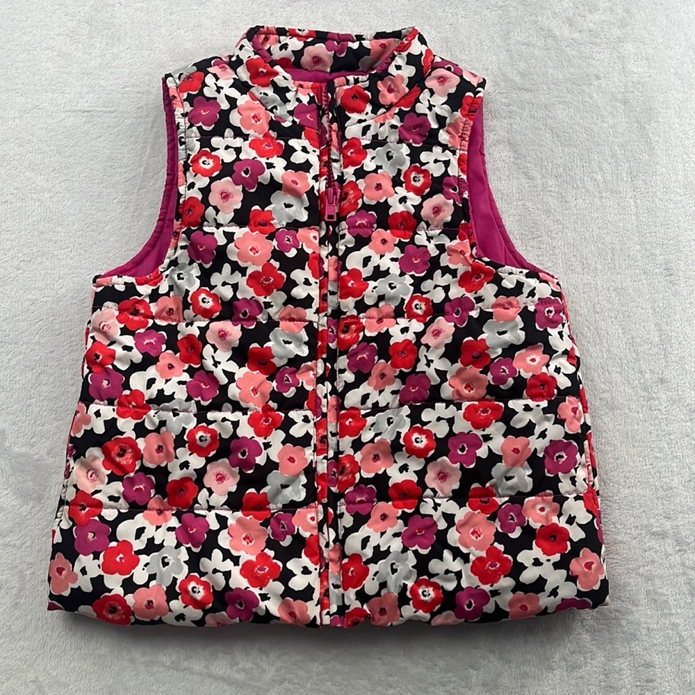 Gymboree 5 -6 Girls Vest Pink Multi Color Floral Full Zip Puffer